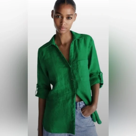 Zara Long Sleeve Button Down Green Blouse Woman’s Size Large - Picture 1 of 11